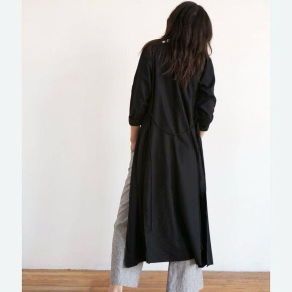 Ozma Mal Pais Duster Dress Size Large Black Raw Silk Cupro Button Front Belted - Picture 10 of 14